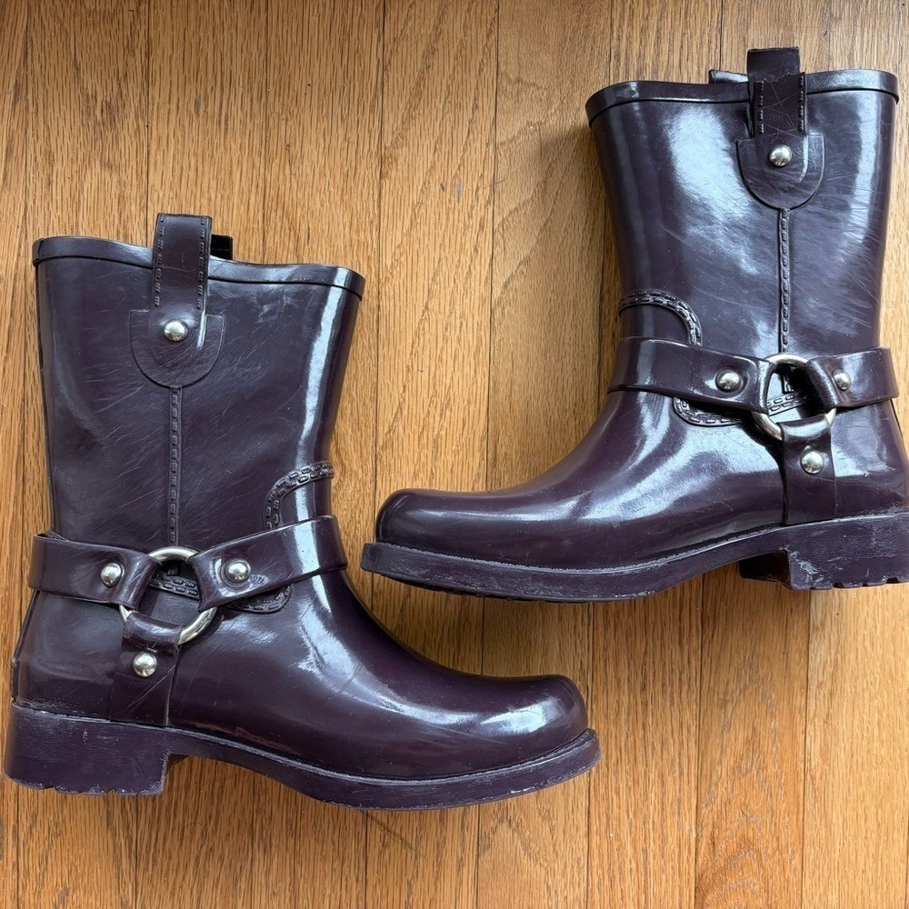 Michael Kors KORS Plum Eggplant Rubber Rain Boots Harness Moto Style Women's 8